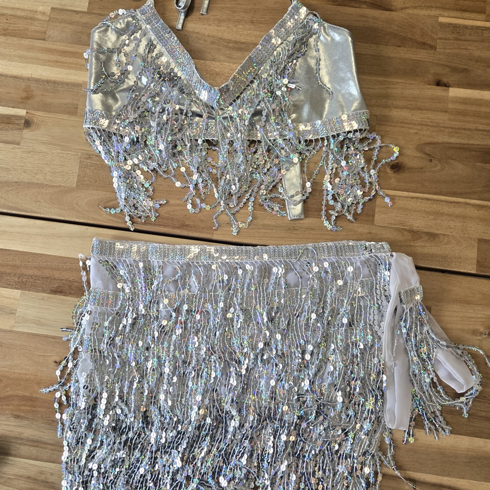 Source Unknown Silver Sequin Fringe Two-Piece Set